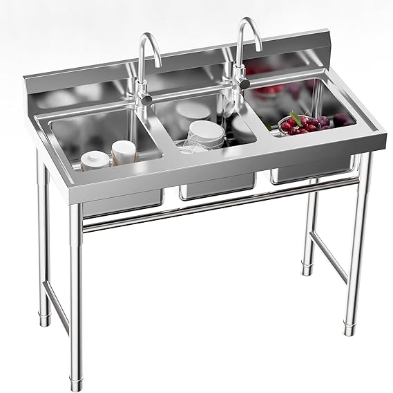 3 Compartment Sink, 3 Bay Stainless Steel Sink with Inlet Pipes & Faucet, Commercial Utility Sink for Basements, Terraces, Bars, Kitchens, Freestanding, 39 x 18 x 35.8 Inch