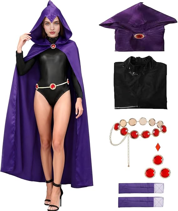 Raven Costume Women Purple Hooded Cloak Jumpsuit Jeweled Belt
