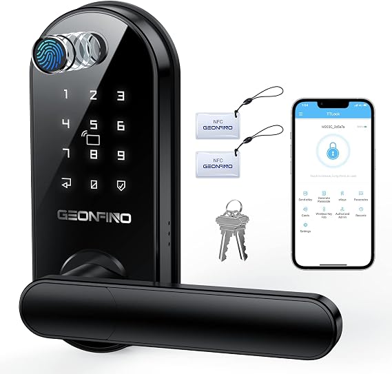 Smart Door Lock, Keyless Door Lock with Handle | Fingerprint, Anti-Peeping, Auto-Lock, APP Control, Easy to Install, Black
