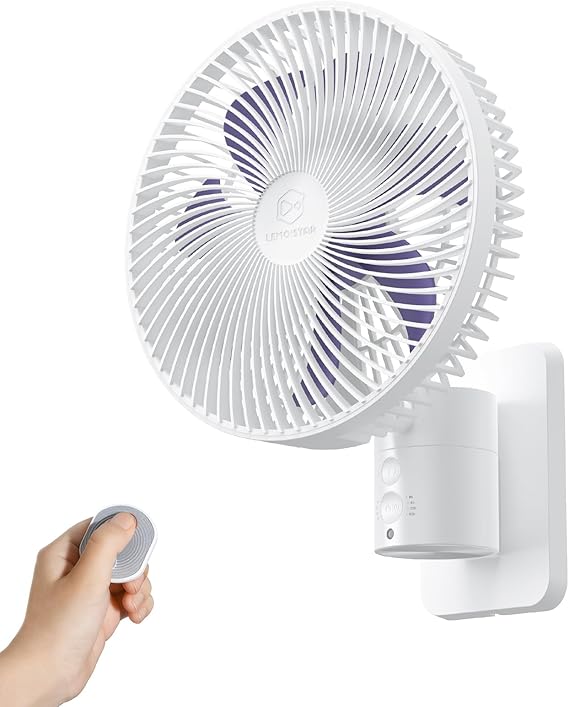 LEMOISTAR 8 Inch Small Wall Mounted RV Fan with Remote Control, 90 Oscillating, 4 Speeds, 4 Timer, Adjustable Tilt, 70 Inch Cord, Quiet, for Corner Bedroom Home Office Garage-White&Purple