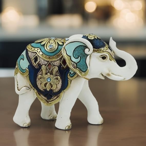 ICE ARMOR Hand Painted 6" W White and Blue Thai Elephant Figurine Statue Sculpture Ornament Decoration Home/Room Decor Unique Gift Ideas for Housewarming Holidays Birthdays Great Collectible Addition