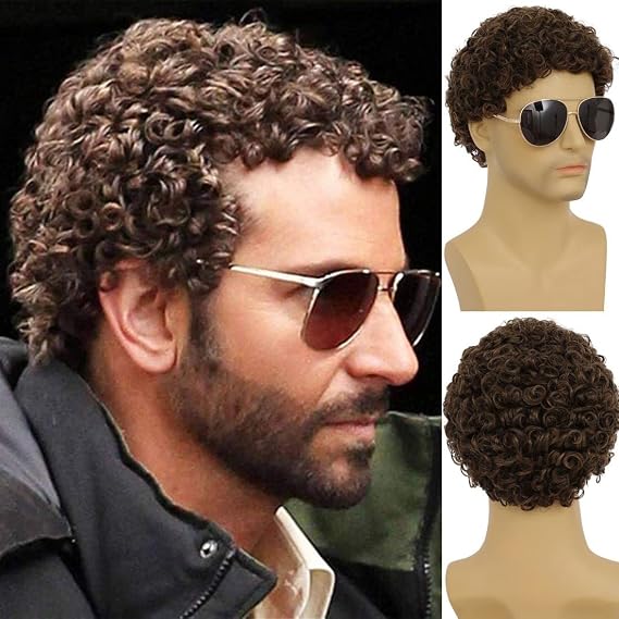 Mens Short Brown Wig Afro Curly Synthetic Halloween Costume Cosplay Full Wigs