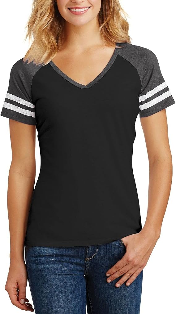 JustBlanks Womens Game Short Sleeves Tee Stripes Sleeves Comfortable Tee Crossover V-Neck T-Shirt for Women