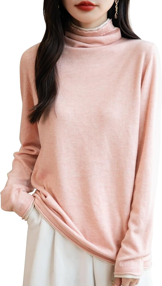 Women's Merino Wool Blend Sweater 2025 Fall Winter Fake Two Piece Color Block Tutrleneck Long Sleeve Knit Pullover