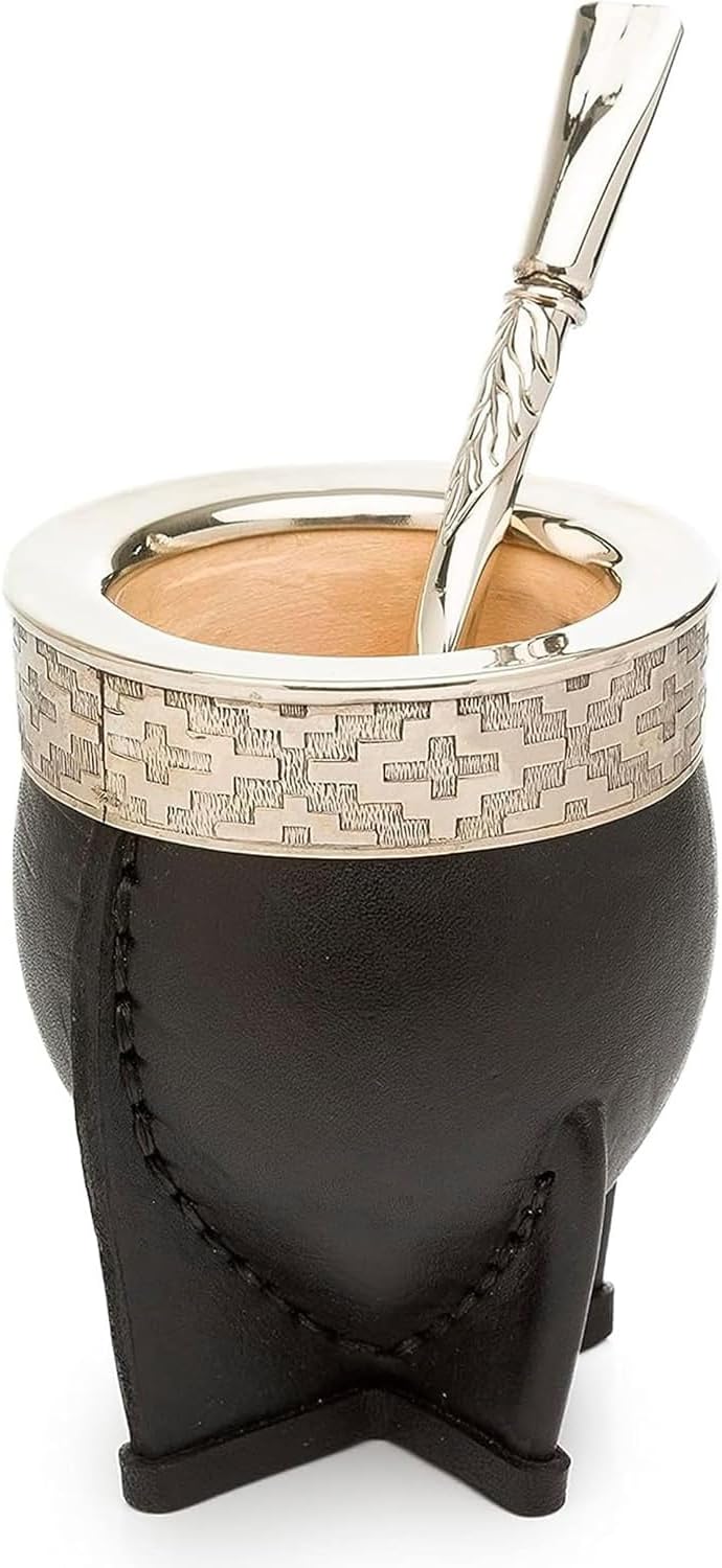 Premium Leather Wrapped Handmade Engraving Yerba Mate Gourd Mate Cup with Alpaca Straw Black, 1E1 Fluid Ounces