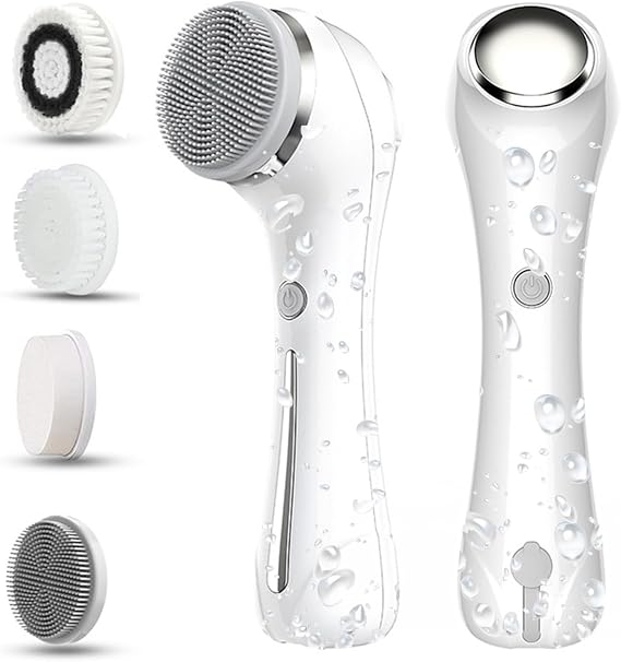 Facial Cleansing Brush, 2 in 1 Waterproof IPx7 Facial Spin Scrubber Set with 4 Brush Heads, Rechargeable Exfoliating Face Brush Deep Cleansing, Gently Exfoliate and Remove Blackhead (White)