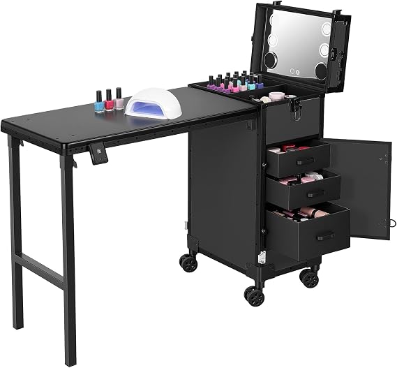 Foldable Manicure Table, Rolling Nail Desk for Salon Use, Aluminum Frame PC Cabinet and 3 Drawers, Multi Compartment Storage and Caster Wheels, for Portable Nail Service Black