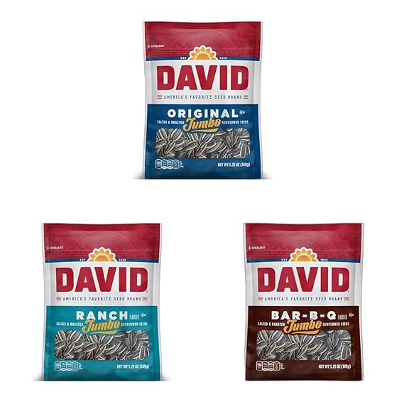 Variety Pack of DAVID Seeds Salted and Roasted Sunflower Seeds Original, BBQ, Ranch Flavors (5.25oz. Per Bag)