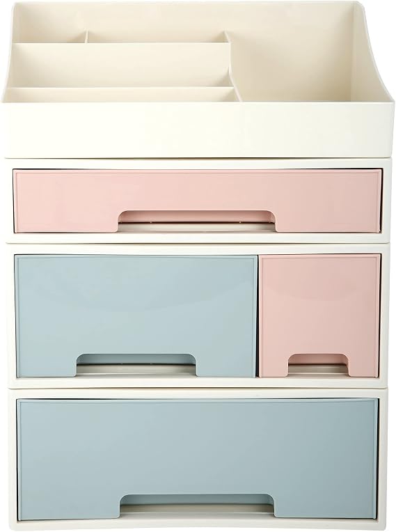 Makeup Organizer, Cosmetic Storage Box, [TCDF-09] Desktop Stationery, Remote Control Storage Box, Kitchen Spices Organizer Box, 4 Pieces 4 Drawers, 5 Slots, Blue, Pink and Green Assortment