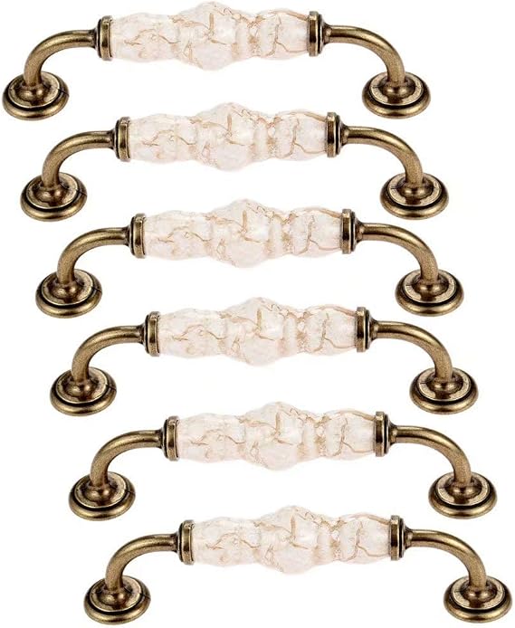 6pcs Antique Brass Ceramic Handles with Brown Marble Finish,Kitchen Cabinet Knobs,Retro Ceramic Cupboard Drawer Pull Handle