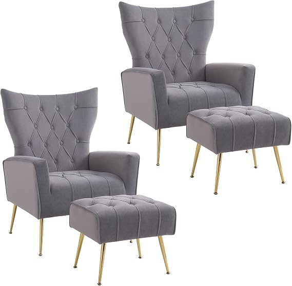 Accent Chair with Ottoman Set of 2, Comfy Wingback Chair and Ottoman Set, Upholstered Tufted Lounge Armchair with Footrest High Back, Reading Chair for Bedroom Living Room, Grey, Velvet