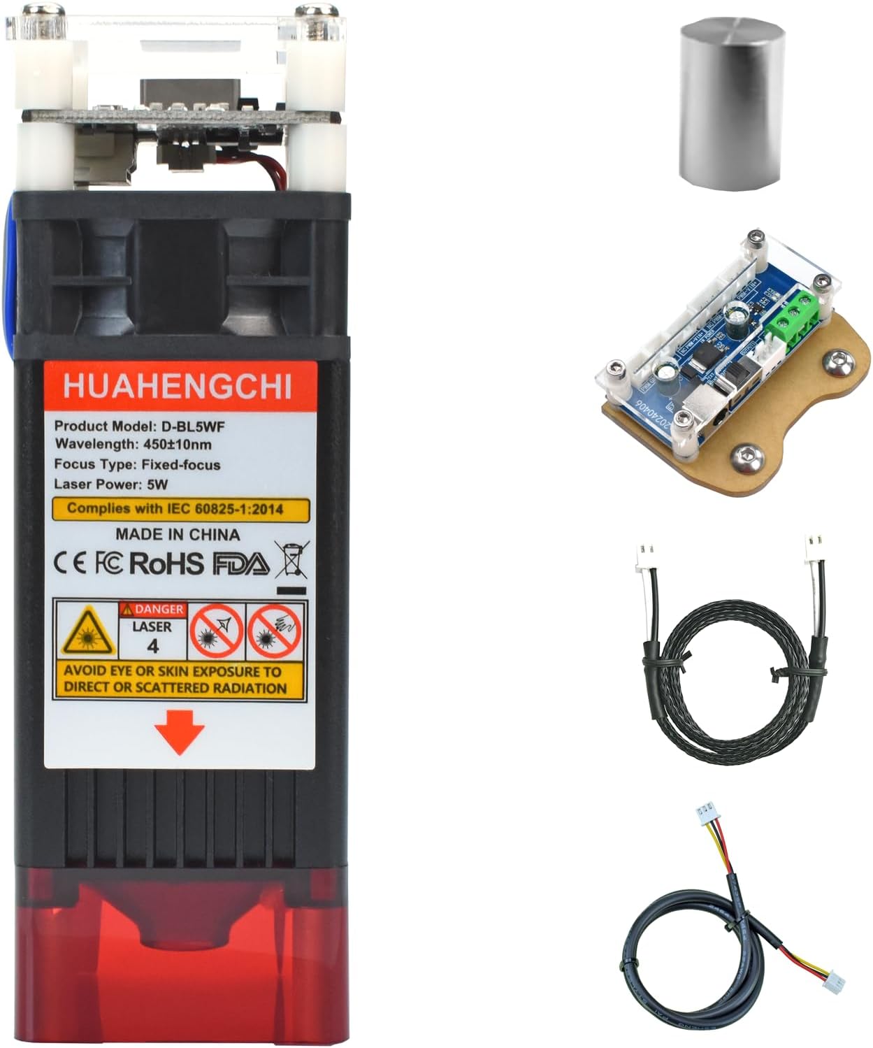 HUAHENGCHI 5000mW5W Laser Engraver Module wWind Gathering Hood, 450nm 23mm Fix Focus Laser Head for CNC Machines, DIY Laser Engraving Tool Suitable for Metal Wood Acrylic Paper, Class 4, 12V