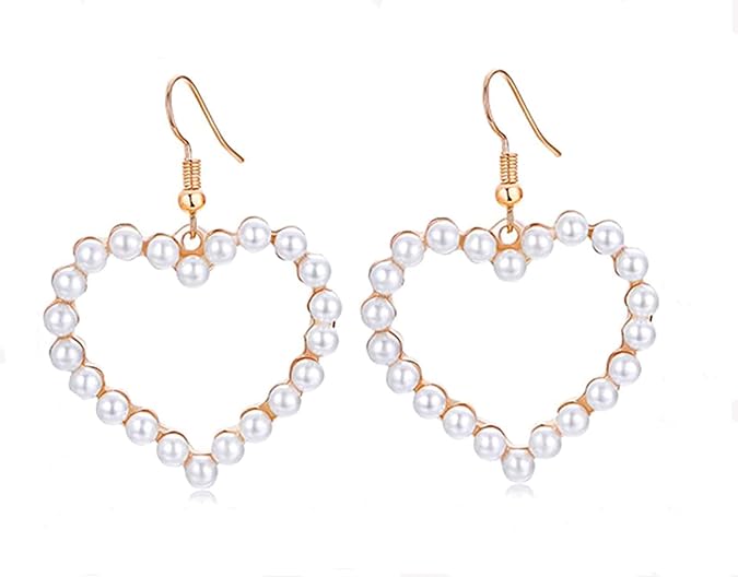 Heart Pearl Dangle Earrings for Women Tiny Pearl Drop Earrings Gift for Valentines'Day Mothers Day Christmas