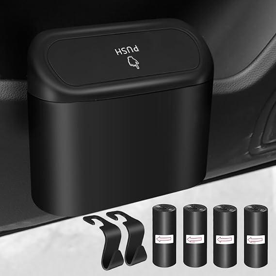 Kitbest Car Bin Mini Trash Can with Lid+ 60 Bags+ 2 Hooks, Auto Accessories