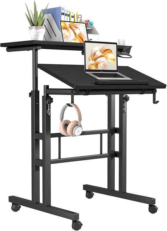 Klvied Mobile Standing Desk, Adjustable, Black