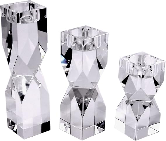 Glass Tealight Candle Holder Set of 3, Geometric Clear Crystal Candlestick Holders for Table Centerpiece Memorial Wedding Party, Large Pillar Votive Candelabra Candle Holder Stand Decorative