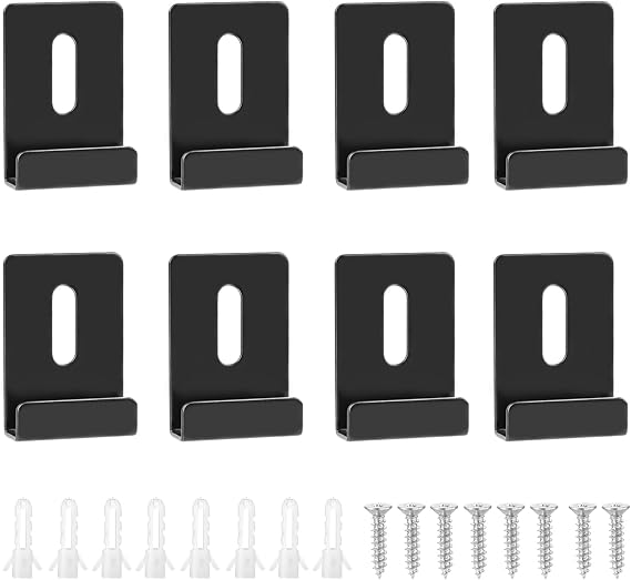 8pcs Mirror Clips for Wall Mounting, Black Metal Mirror Holder Clips Hooks Frameless Wide Channel Mirror Retainer Clips Heavy Duty Hanging Hardware Tile Hanger Bracket for Billboard, with Screws