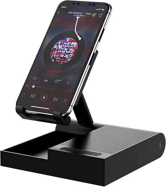 DOSS Cell Phone Stand with Bluetooth Speaker, 15W Wireless Charger and Anti-Slip Base,4-in-1 Function, 8H Playtime, Adjustable Holder, Compatible with Tablet