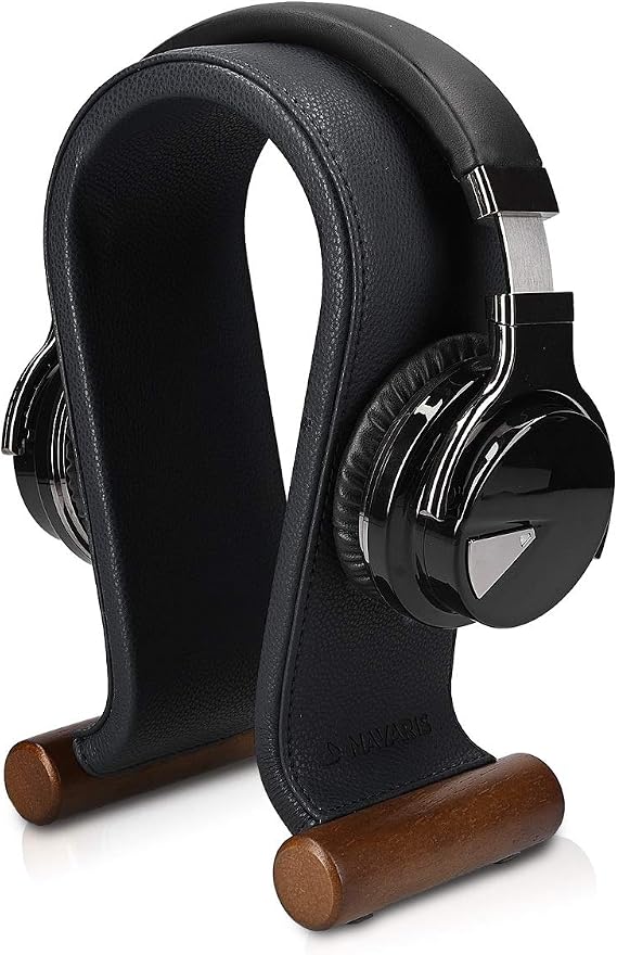 Navaris Omega Headphone Stand - Synthetic Leather Headset Hanger with Wooden Base - Holder for Wired, Wireless, Gaming, DJ, Studio Headphones - Black