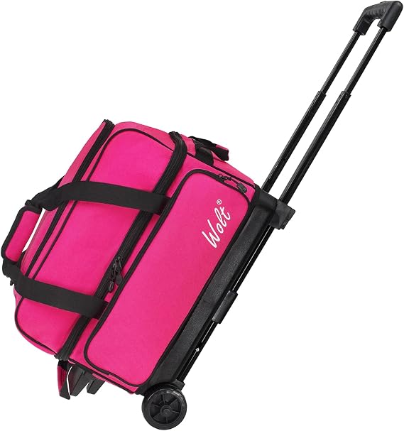 WOLT Double Roller 2 Ball Bowling Bag with Separate Shoe Compartment, Large Capacity Bowling Ball Bag with Accessory Pocket, Retractable Handle Extends to 40"