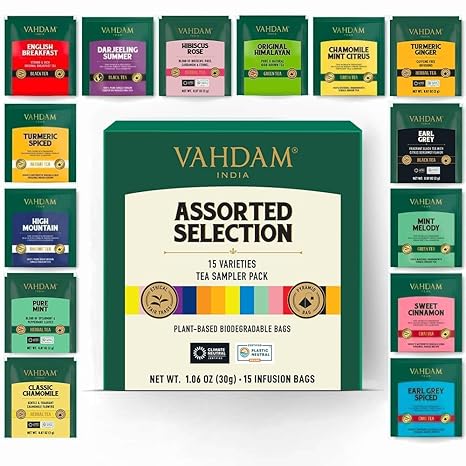 VAHDAM Tea Variety Pack 15 Flavors Award Winning Tea Sampler Black Tea Green Tea Oolong Tea Chai Tea Herbal Tea Long Leaf Pyramid Tea Bags Best Selling Tea Gift Set & Tea Gift Box