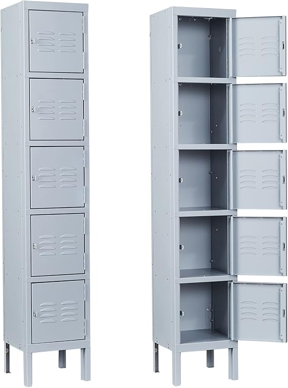 Metal Lockers, 5 Doors -66" Tall Steel Storage Cabinets Lockable for Employees, School,Gym, Home,Office,Mudroom,Industrial Lockers (Gray)