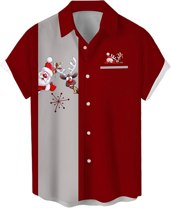 Hodaweisolp Mens Halloween Christmas Shirts Funky Santa Button Down Shirt Printed Short Sleeve Bowling Shirts