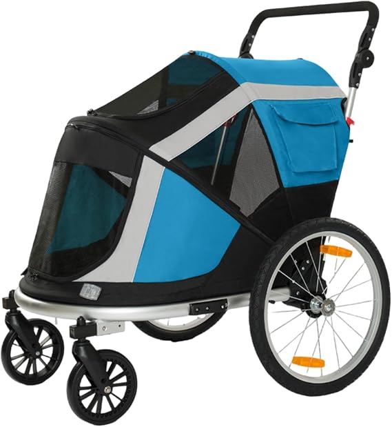 Bike Trailer, Supports Up to 66 Lbs, Large Medium Sized Dogs Bicycle Carrier - 2-in-1 Pet Stroller Cart, Reflectors, Flag