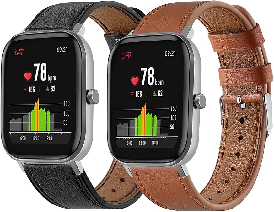 FitTurn Leather WatchBand Compatible with Amazfit Bip Max/Bip 6/Bip 5 Unity/Active Max/Pace/Cheetah/Stratos 2 3/GTR 4/GTR 3/GTR 3 Pro/GTR 2/GTR 2e/GTR 47mm Smart Watch for Genuine Leather Replacement 22MM Sport Wrist Strap Bracelet with Stainless Metal Buckle
