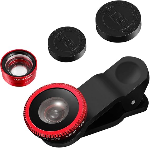 Hemobllo External Lens for Mobile Phone 3-in-1 Fisheye Macro Wide Angle Lens with Clip Aluminum Alloy Compatible with iPhone and Smartphones