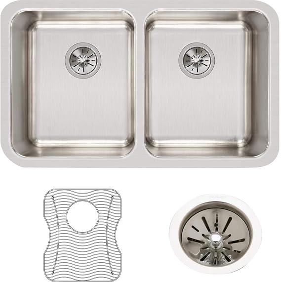 Elkay Lustertone ELUH311810DBG Equal Double Bowl Undermount Stainless Steel Sink Kit