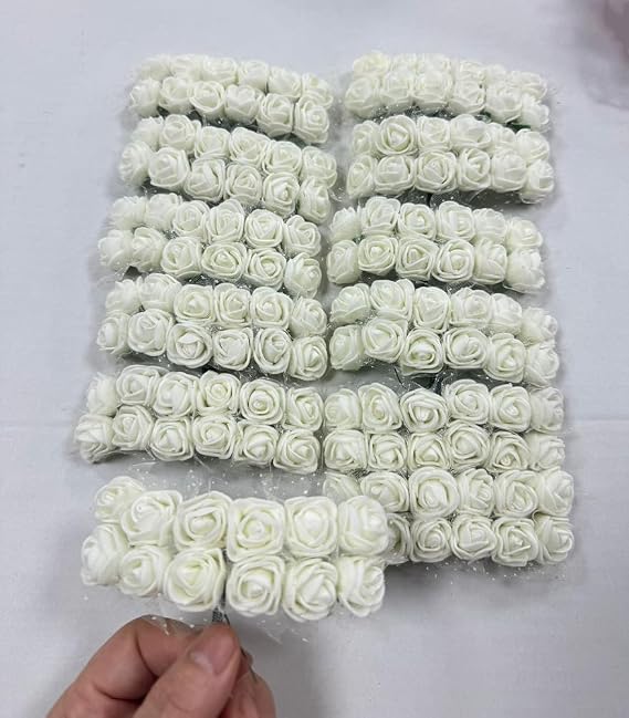 144pcs Ivory White Mini Artificial Rose Flowers Heads and Soft Stem,25mm PE | PE Tiny Rose add Gauze for DIY Wedding Make Bridal Hair Clips,Cake Top,Wrist Corsage Boutonniere,Wreath Bracelet Flower
