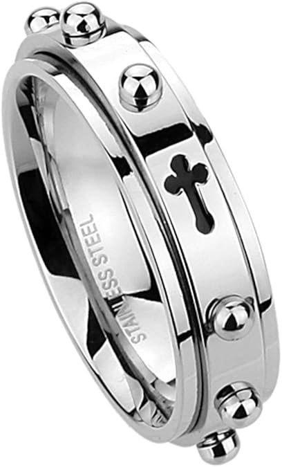 DoubleAccent 6MM Stainless Steel Cross Rosary Spinner Praying Ring