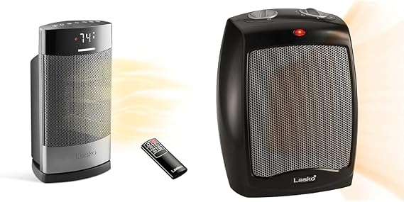 Lasko Ellipse Ceramic Tabletop Heater for Home with Tip-Over Switch, Child Lock, Digital Display & CD09250 Ceramic Adjustable Thermostat Tabletop or Under-Desk Heater, 9 Inches High, Black