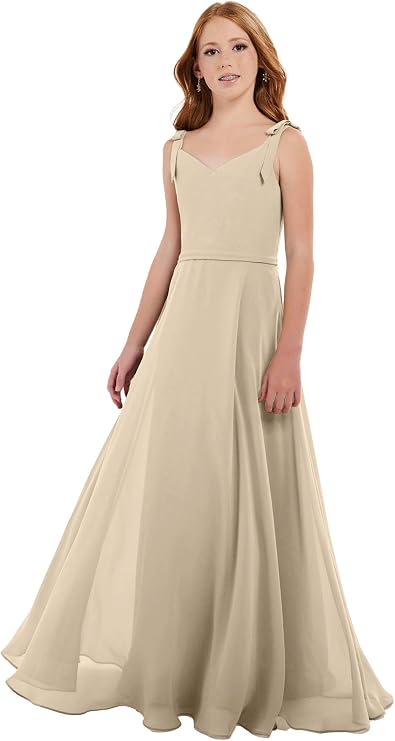 Girls V Neck Junior Bridesmaid Dress for Wedding Chiffon Pageant Flower Girl Dresses Pageant for Teens