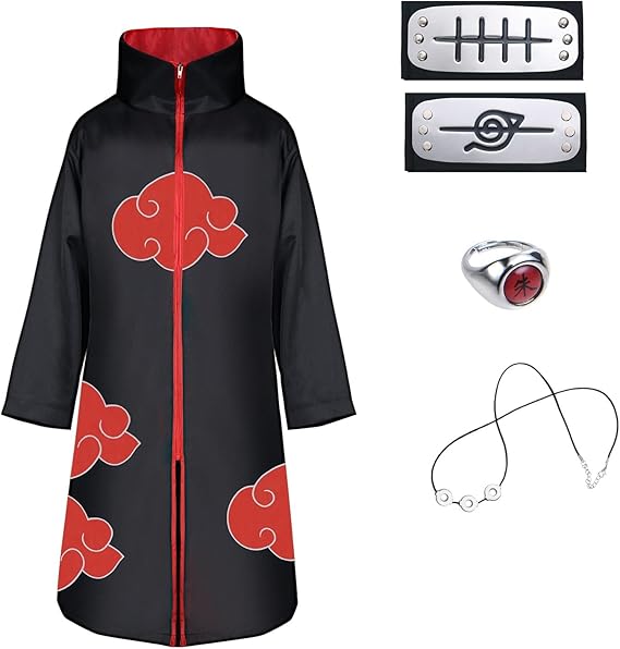 ACWOO Akatsuki Cloak, Akatsuki Coat Set, Unisex Ninja Cloak Ninja Long Robe with Headband Ring Necklace, Halloween and Christmas Anime Cosplay Costume Cape for Kids and Adult