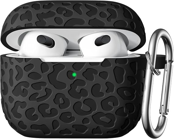 for AirPod Case 3rd Generation Cover with Keychain Accessories,Leropard Engraved Skin Soft Cover Compatible with Apple AirPod 3rd Generation CaseFull Protection,Front LED Visible,Black