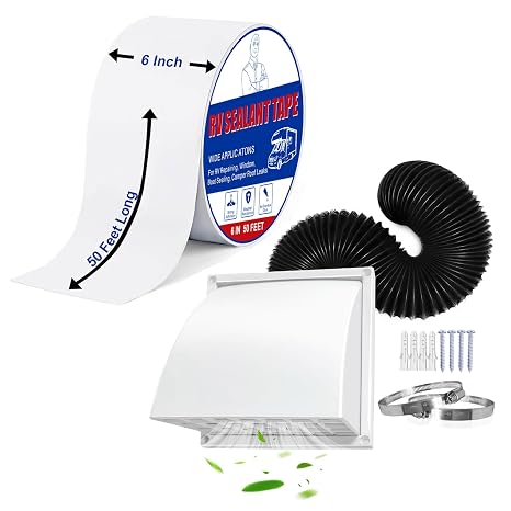 RV Roof Sealant Tape, 6 Inch x 50 Feet RV Repair Tape White Waterproof Seal Tapem+4In*8Ft Dryer Vent Hose with Cover and 2 Clamps