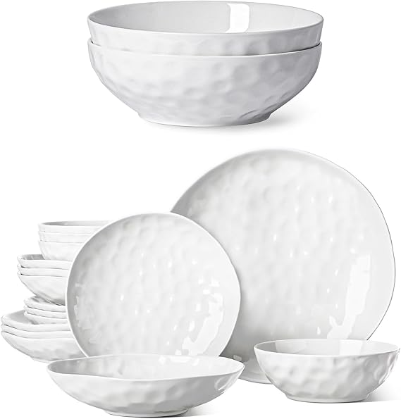 HOMBENE Large Dinnerware Set 16 Piece Service for 4 Bundle with 10.5 Inch Salad Bowls Set of 2