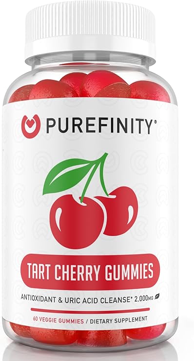 PUREFINITY Tart Cherry Gummies Uric Acid Flush for Joint Relief & Recovery, Raw Juice Extract Antioxidant Non-GMO, Gluten Free, Vegan, 60 Gummies