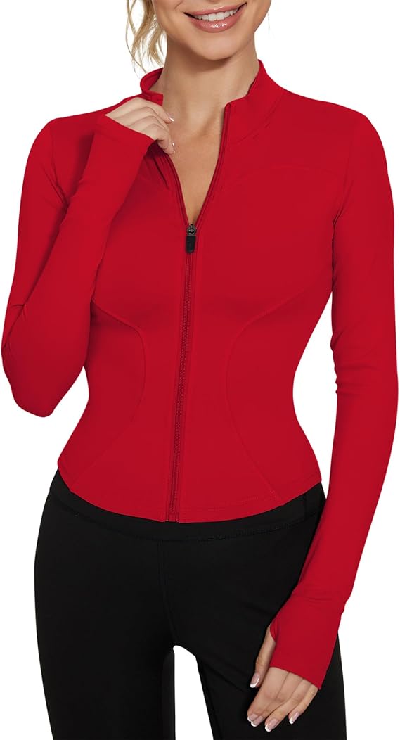 LUYAA Women's Workout Jacket Lightweight Zip Up Yoga Jacket Cropped Athletic Slim Fit Tops, Red, L