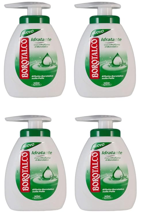Borotalco: "Idratante" Moisturizing Liquid Soap - 8.45 Fluid Ounces (250ml) Bottle with Measuring Cap, pack of 4 [ Italian Import ]