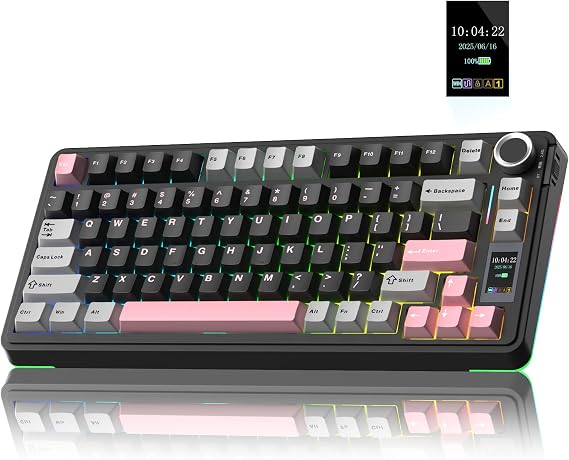 AULA S75Pro Wireless Gaming Keyboard 75 Percent,BT5.0/2.4G/USB-C Mechanical Keyboards with Screen & Multifunction Knob,Five-layer Padding,Hot Swap,RGB Backlit,Creamy Keyboard for Win/MAC (Grey Pink)