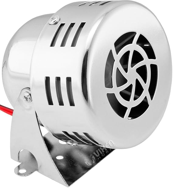 Vixen Horns 12V Electric Air Raid Siren, Mini Motor-Driven Alarm, Chrome Loud Compact Siren Horn, Long-Range Sound for Vehicle/Property Alerts, Durable Metal Housing, Easy 2-Wire Install, VXS-9060C