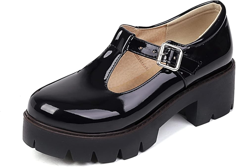 Mary Jane Shoes for Women Girls, Black Platform Mary Janes Chunky Heel T-Strap Kawaii Lolita School Shoes