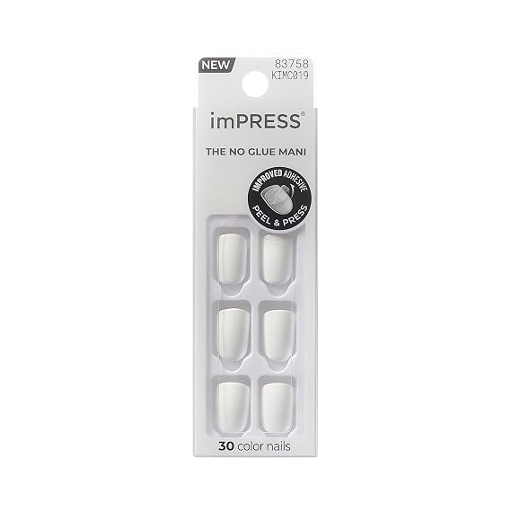 Kiss Impress No Glue Mani Press On Nails, Color,#39;Frosting', White, Short Size, Squoval Shape, Includes 30 Nails, Prep Pad, 1 Manicure Stick, 1 Mini File