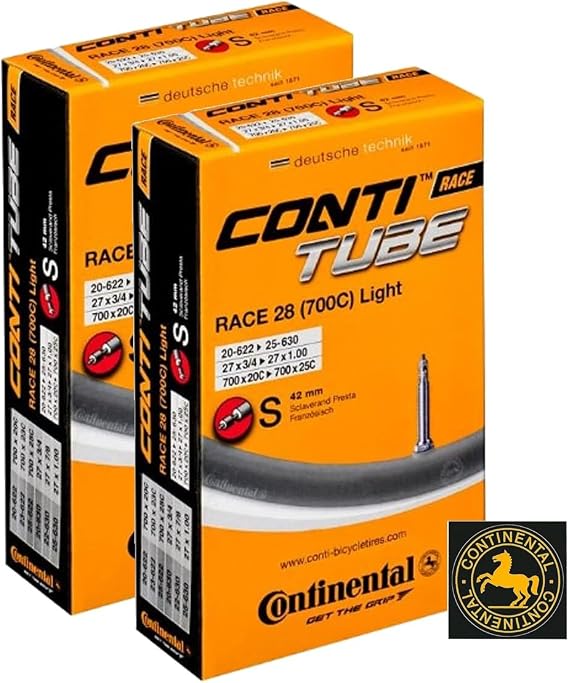 Continental Race 28"" LIGHT 700x20-25c Inner Tubes - 42mm Presta Valve (Pack of 2 Tubes w/Conti Sticker), Black