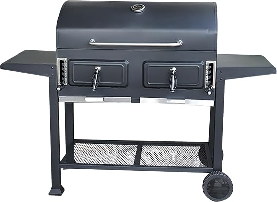 Outdoor Charcoal BBQ Grill, Black Steel, 59.8x24.6x43.3 Inch, Height Adjustable, with Storage Rack, Food Grade Baking Net, Insulated Handles
