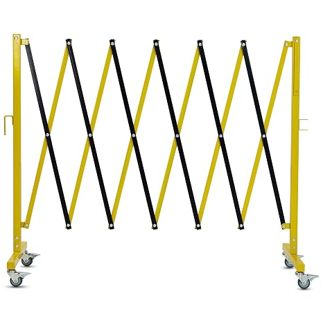 Industrial Expandable Metal Barricade, 11 Feet, Yellow and Black, Mobile Safety Barrier Gate, Retractable Traffic Fence with a Warning Board and Casters