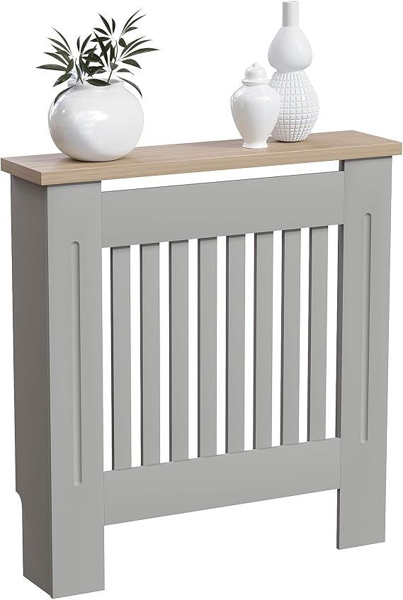 Vida Designs Arlington Radiator Cover Olive Grey - Small - Modern Shaker Style Vertical Slat Design For Optimal Heat Circulation - H83.3xW78xD19cm - Painted MDF Cabinet with Wood Top Shelf